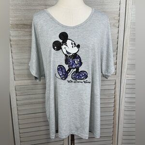 DISNEY Sequin Mickey Mouse Tee with V Neckline Gray/Purple-Large